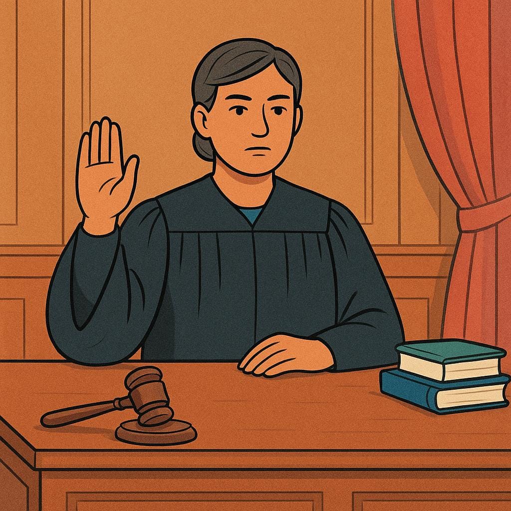 A serious judge wearing a black robe seated behind a large wooden bench, raising one hand in a formal, decisive gesture, symbolizing a ruling.