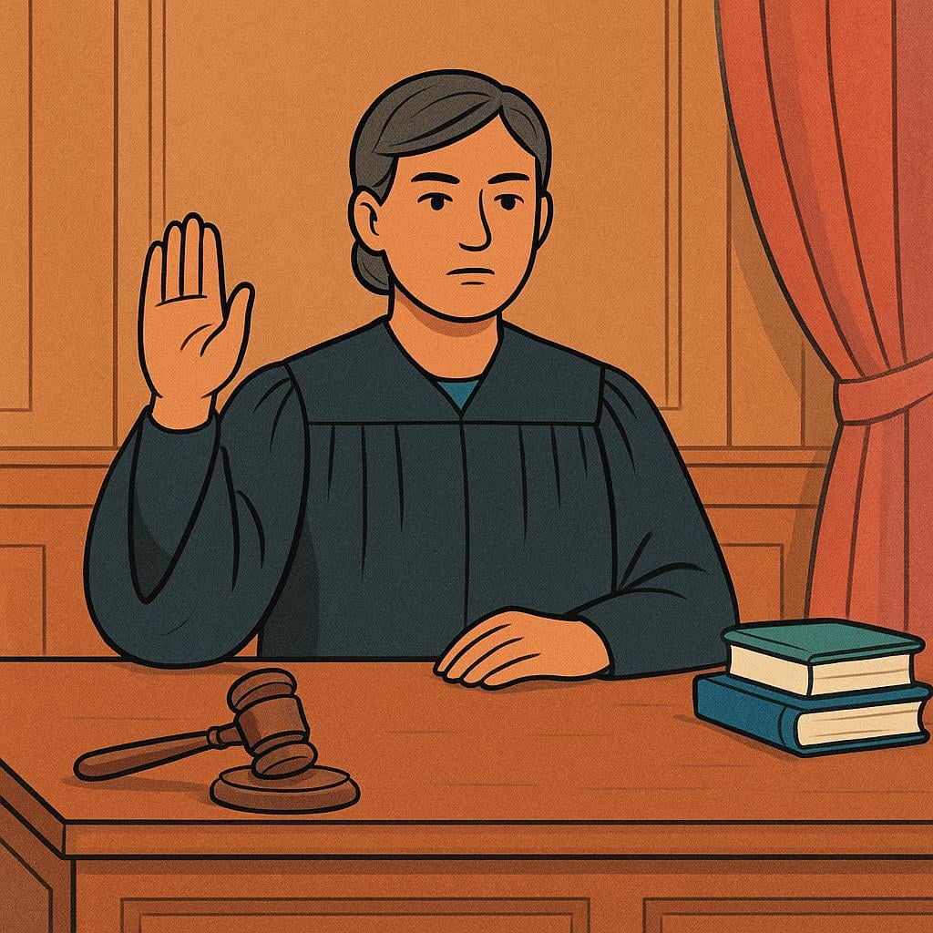 A serious judge wearing a black robe seated behind a large wooden bench, raising one hand in a formal, decisive gesture, symbolizing a ruling.