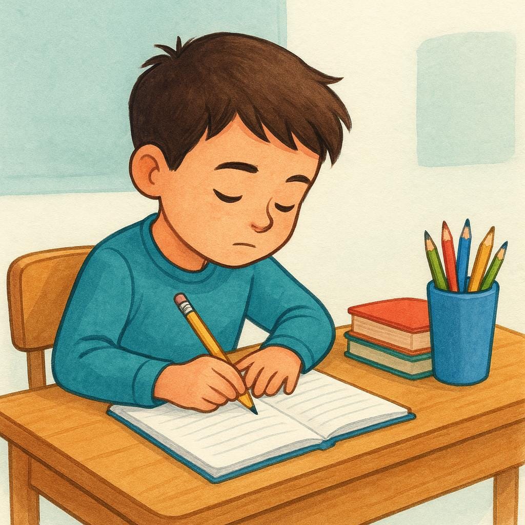 A young child with brown hair sitting at a wooden desk, concentrating on writing in a notebook with a pencil, surrounded by colorful school books.