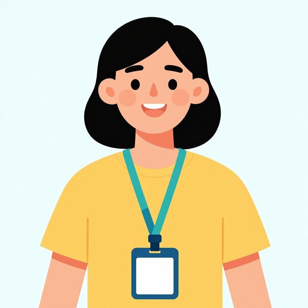 A happy woman wearing a work ID badge around her neck, smiling brightly.