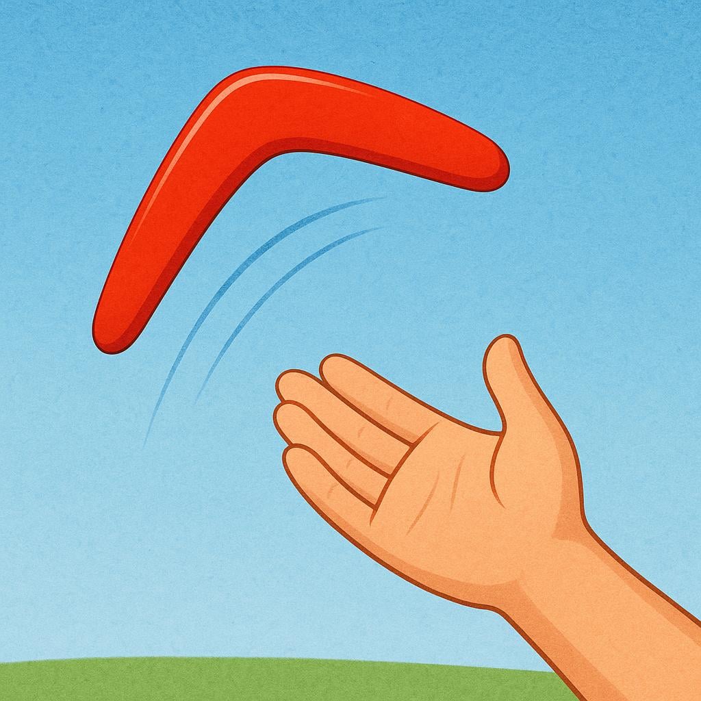 A colorful storybook illustration showing a bright red boomerang curving through the air, clearly returning to an outstretched hand waiting to catch it.