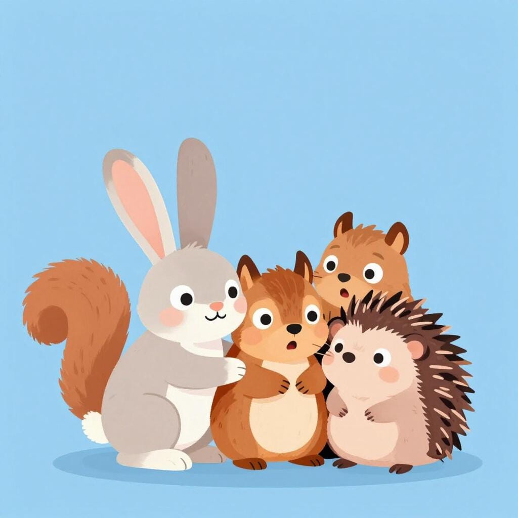 A group of small, cute forest animals like a bunny, a squirrel, and a hedgehog huddled together with wide eyes and surprised expressions.