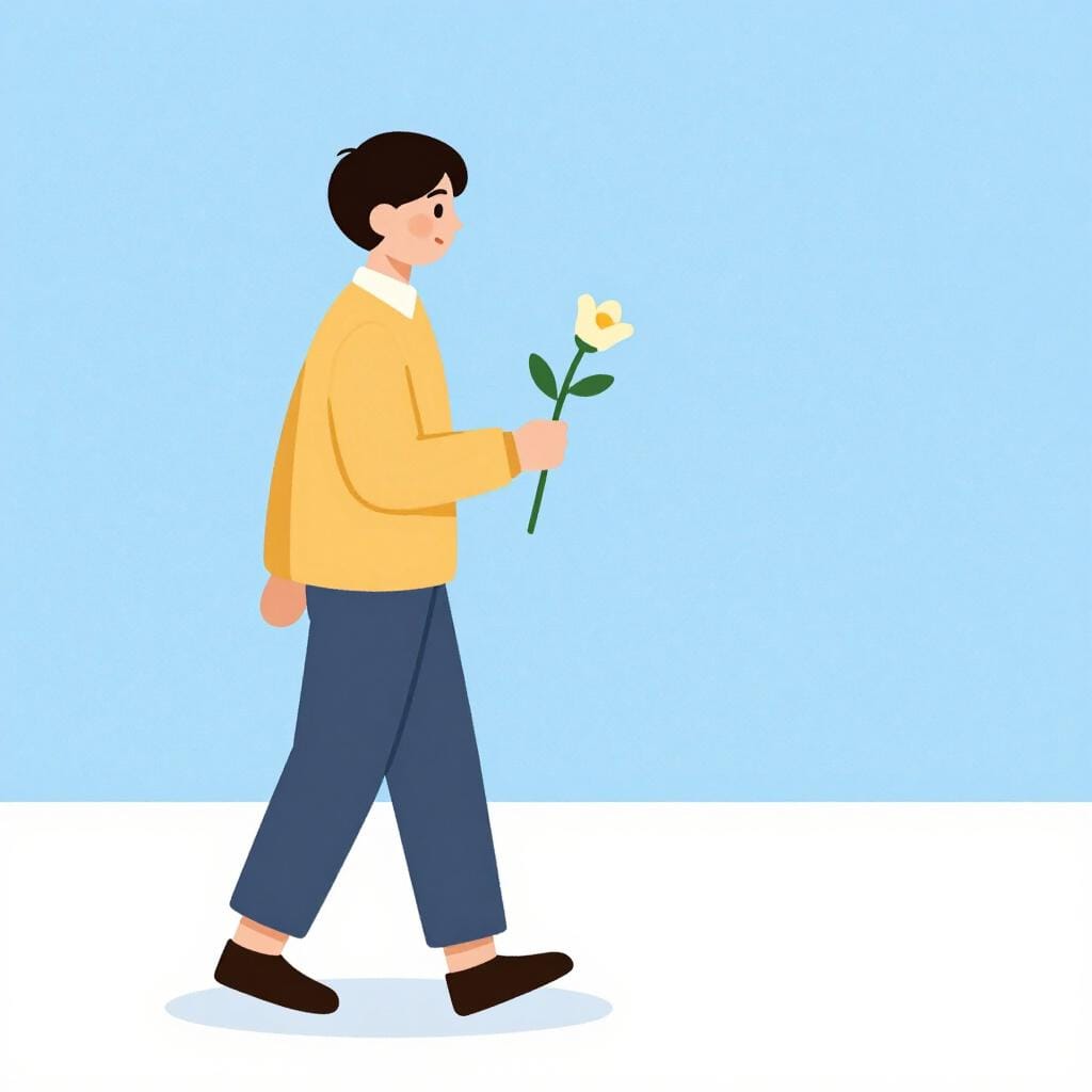 Um personagem triste segurando uma única flor murcha enquanto outro personagem se afasta.