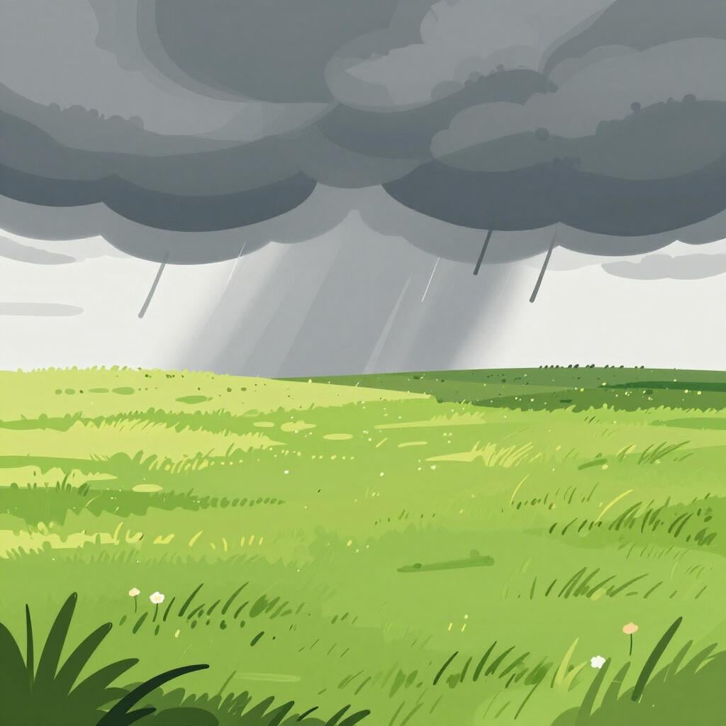 Dark storm clouds appearing over a sunny field, showing the arrival of rain.