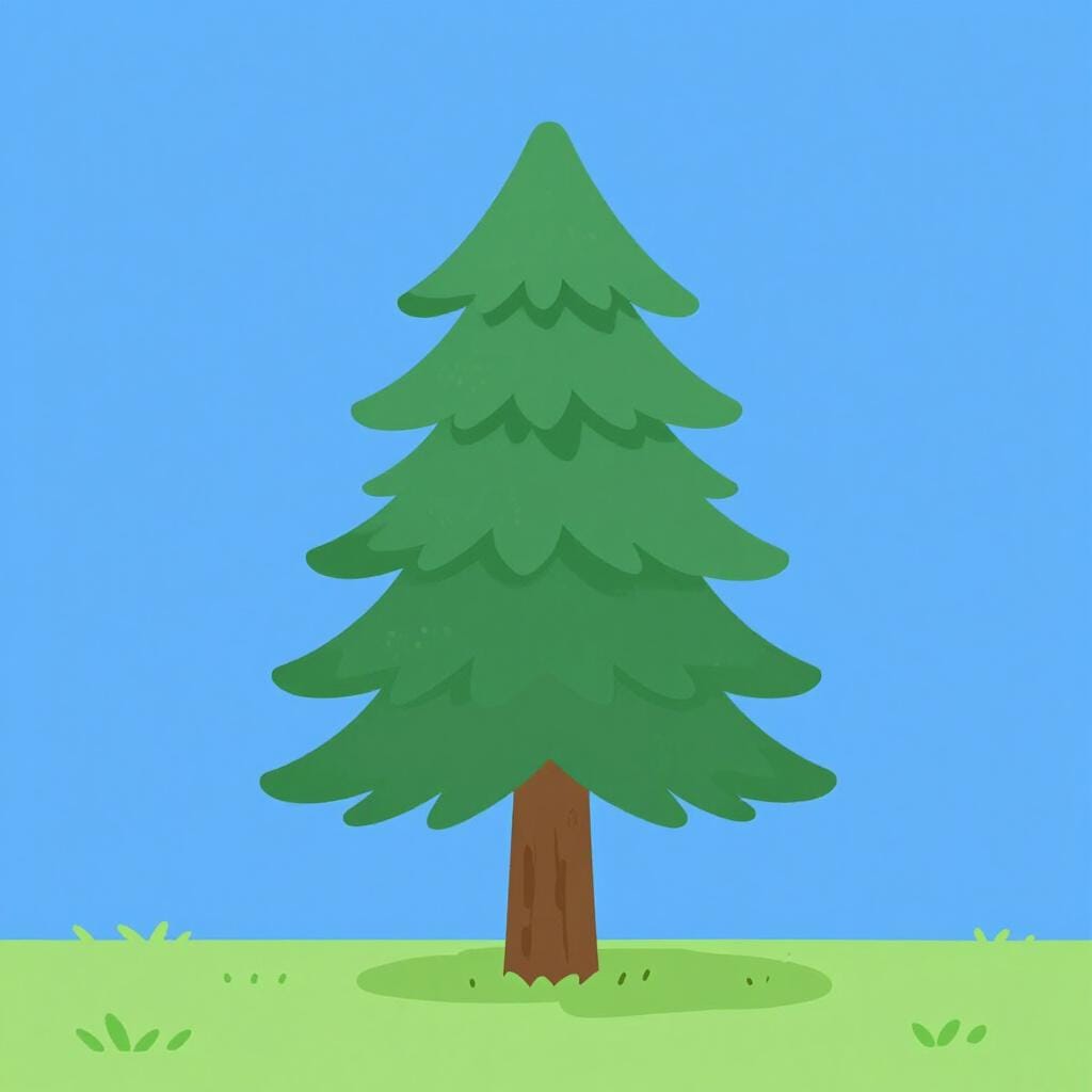 A tall, green pine tree standing alone in a grassy field.