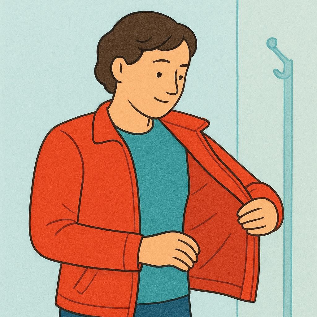 A person formally dressed putting their arm into a bright red jacket.