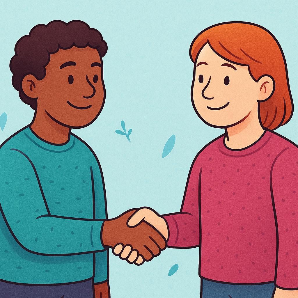 Two friendly individuals, illustrated in a simple storybook style, shaking hands firmly to signify a mutual agreement.