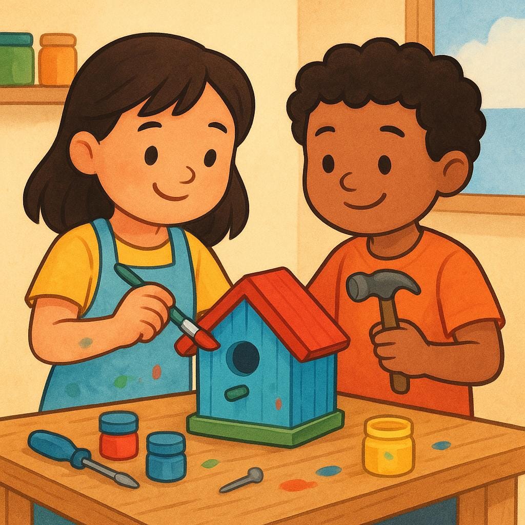 Um par de crianças alegres colaborando para construir uma pequena casa de pássaros de madeira colorida usando ferramentas simples, ilustrando uma ação futura compartilhada.