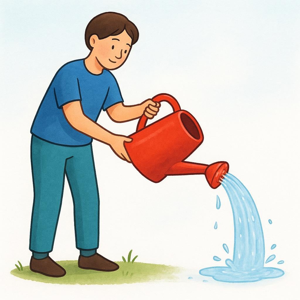 A person is actively tilting a full, red watering can upside down over a patch of green grass. The contents (water) are actively pouring out, illustrating the action of emptying.