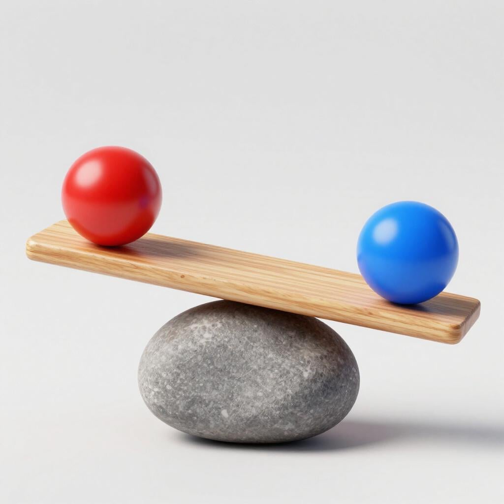 A wooden plank resting on a central stone with a colorful ball on each end, perfectly level.