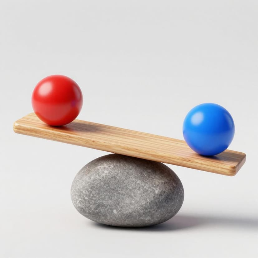 A wooden plank resting on a central stone with a colorful ball on each end, perfectly level.