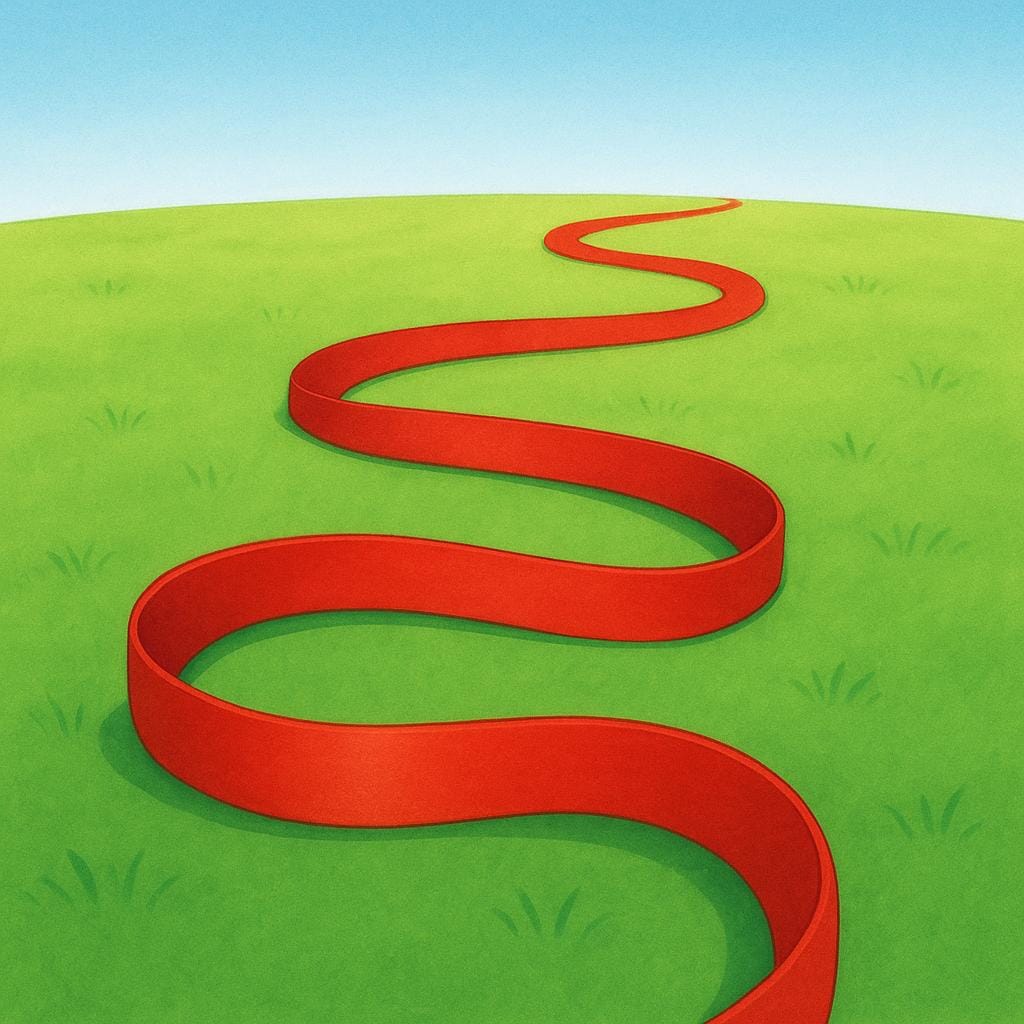 A bright red ribbon winding continuously across a green grassy field, flowing smoothly from the foreground to the background without any breaks.