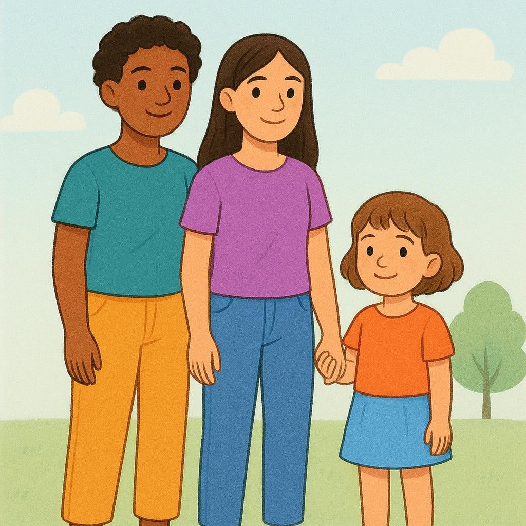 A small, diverse group of three people, including an adult and two children, standing together and smiling gently, symbolizing innocent people collectively.