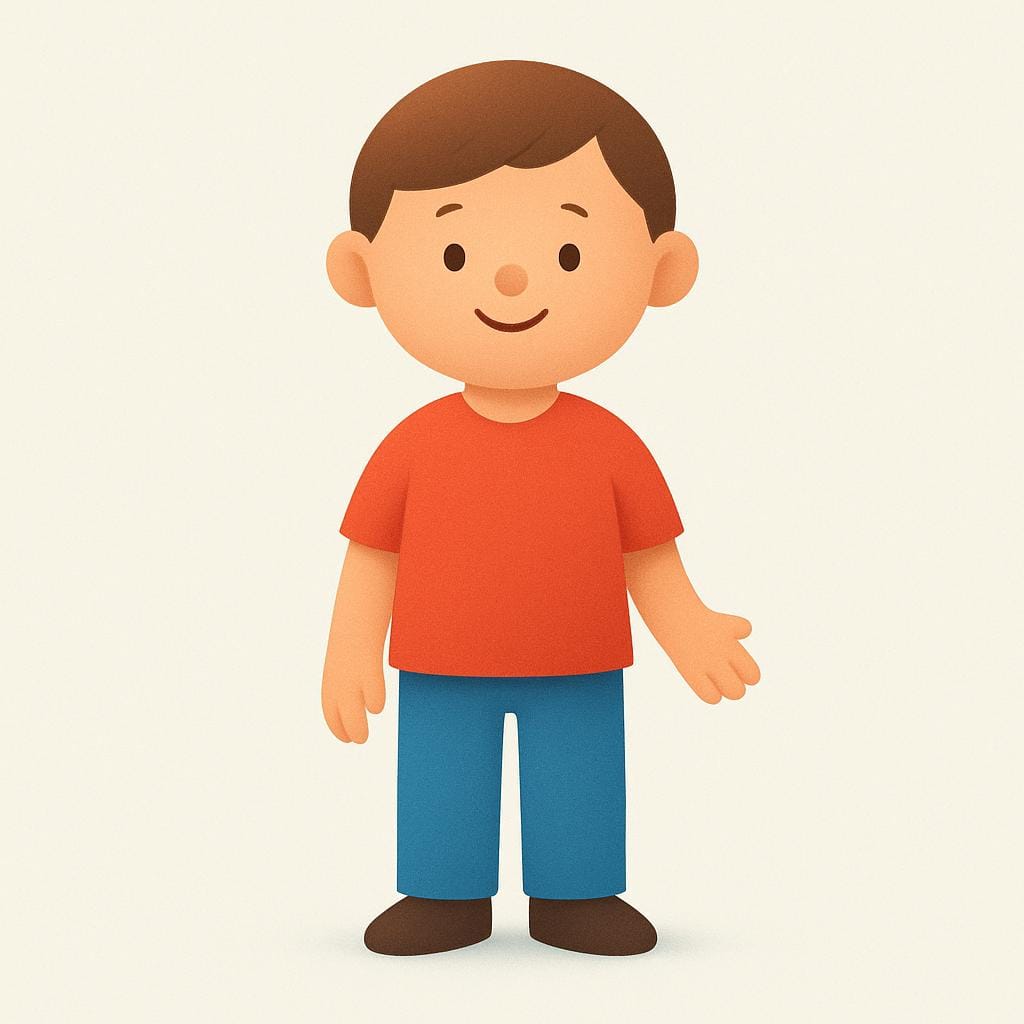 A high-quality storybook illustration of a single, smiling, simplified human figure standing alone.