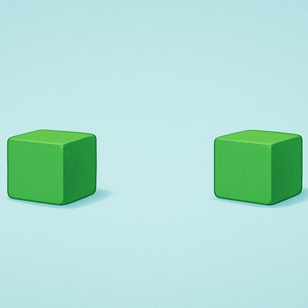 Twee identieke groene rechthoekige blokken die op een oppervlak rusten, duidelijk gescheiden door een grote opening ertussen.