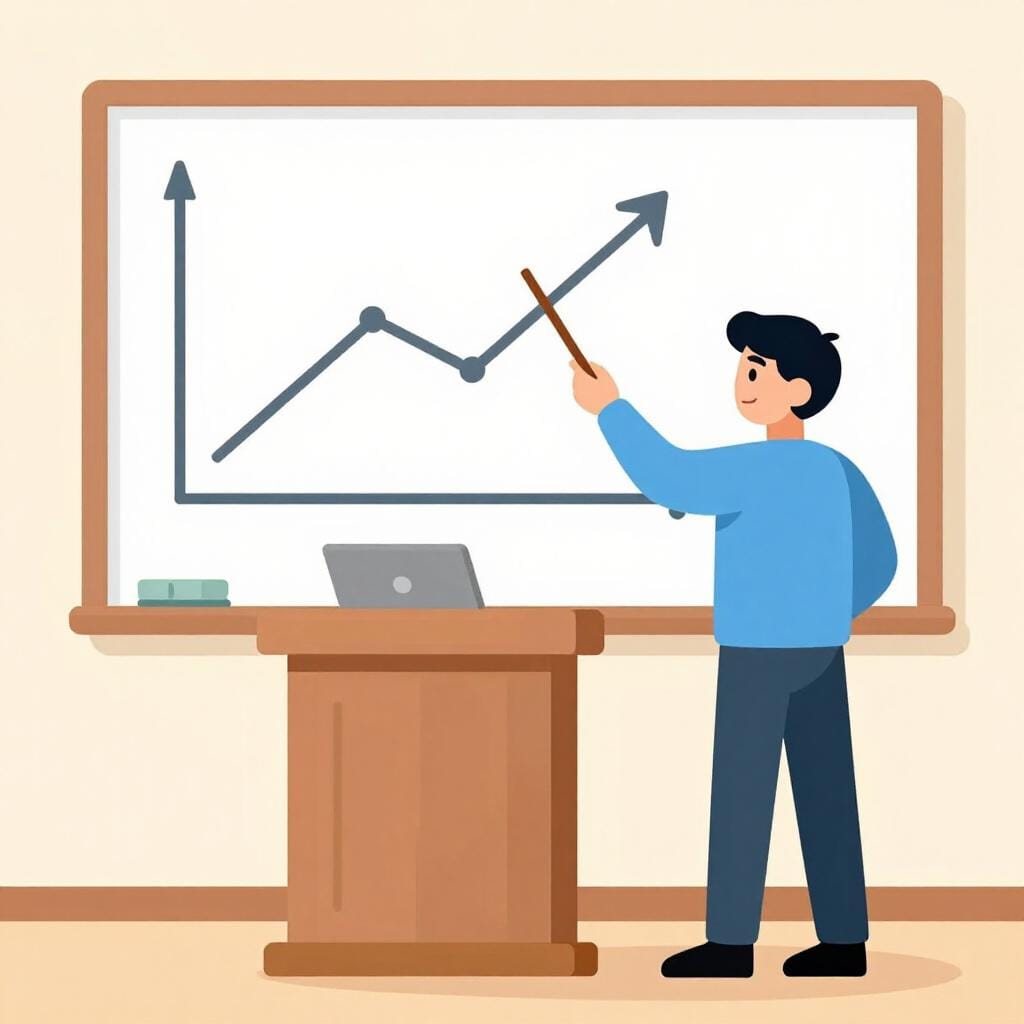 A person standing at a podium gesturing towards a large, colorful chart showing a positive upward trend.