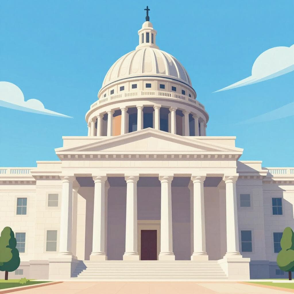 A high-quality colorful storybook illustration of a grand building with pillars and a dome.