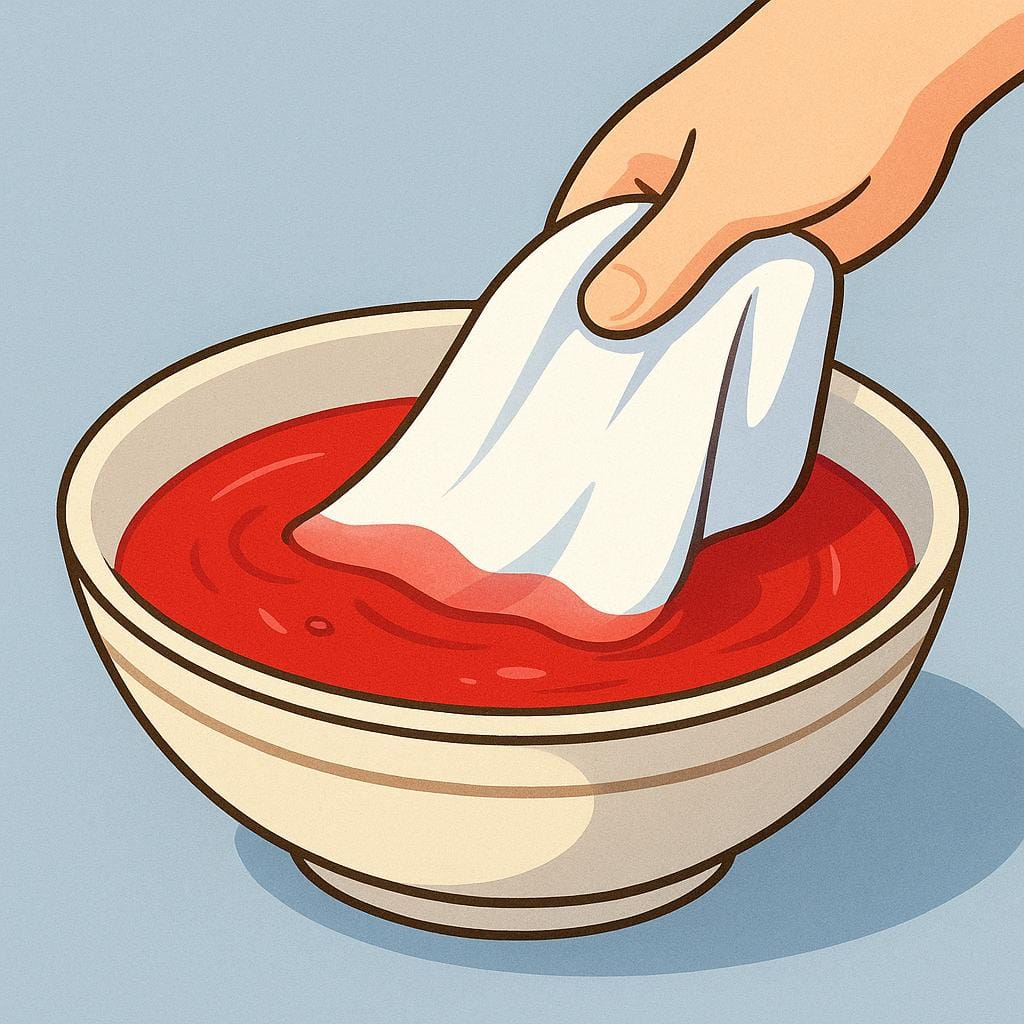 A hand dipping a piece of white fabric into a bowl of bright red liquid dye.