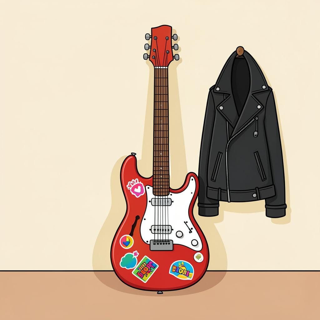 An electric guitar resting against a wall with a leather jacket and colorful stickers.