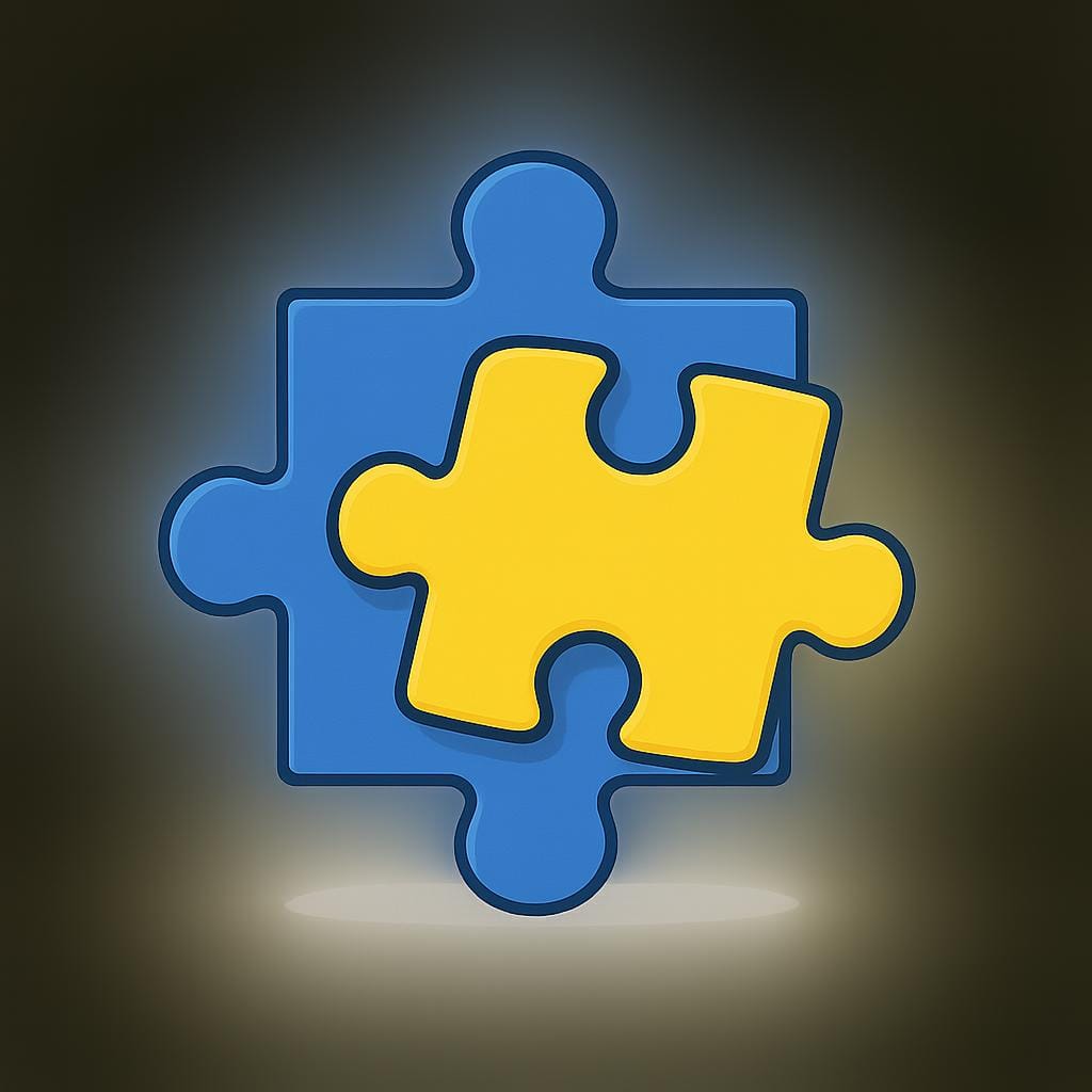 Een enkel, helder geel puzzelstukje past perfect in een bijpassende blauwe uitsparing in een grotere vorm, wat een perfecte en passende geschiktheid symboliseert.