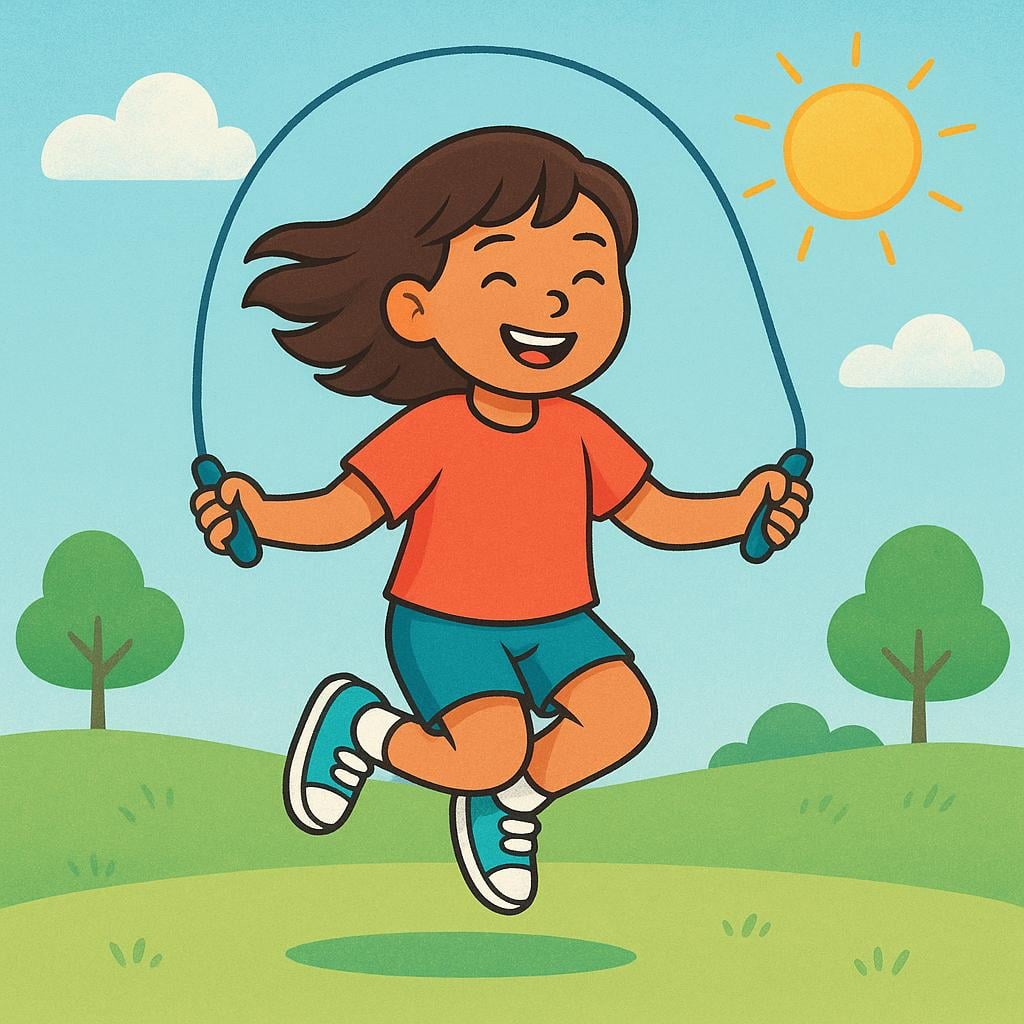 A smiling child happily jumping rope outdoors with great energy and vitality.