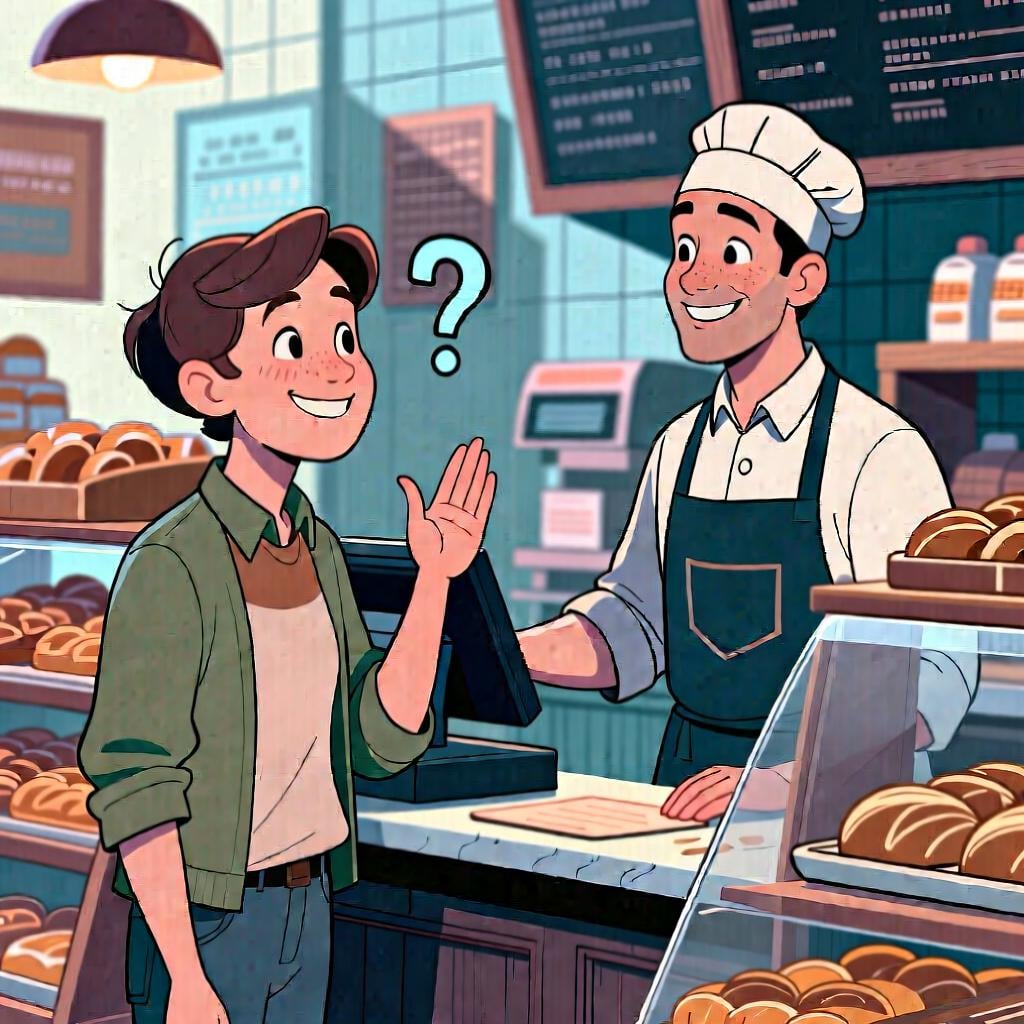 A customer at a bakery counter politely getting the baker's attention to make a request.