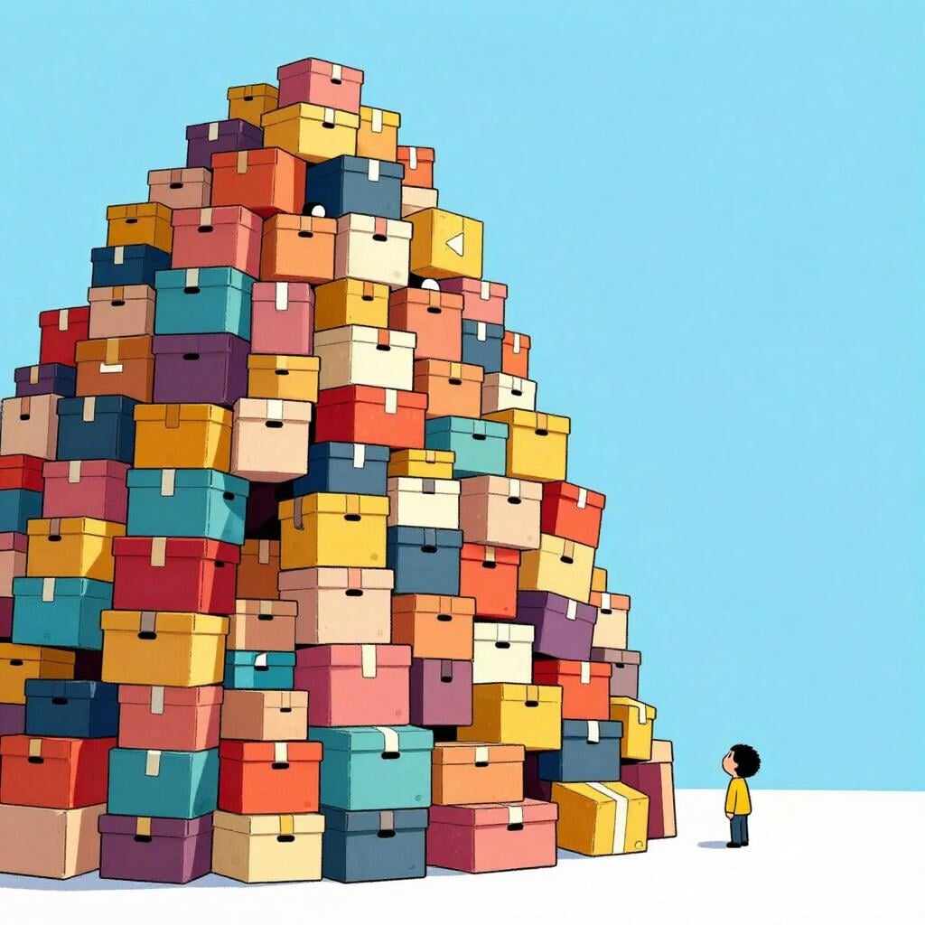A small character standing at the base of a massive, towering mountain of colorful boxes that looms over them.