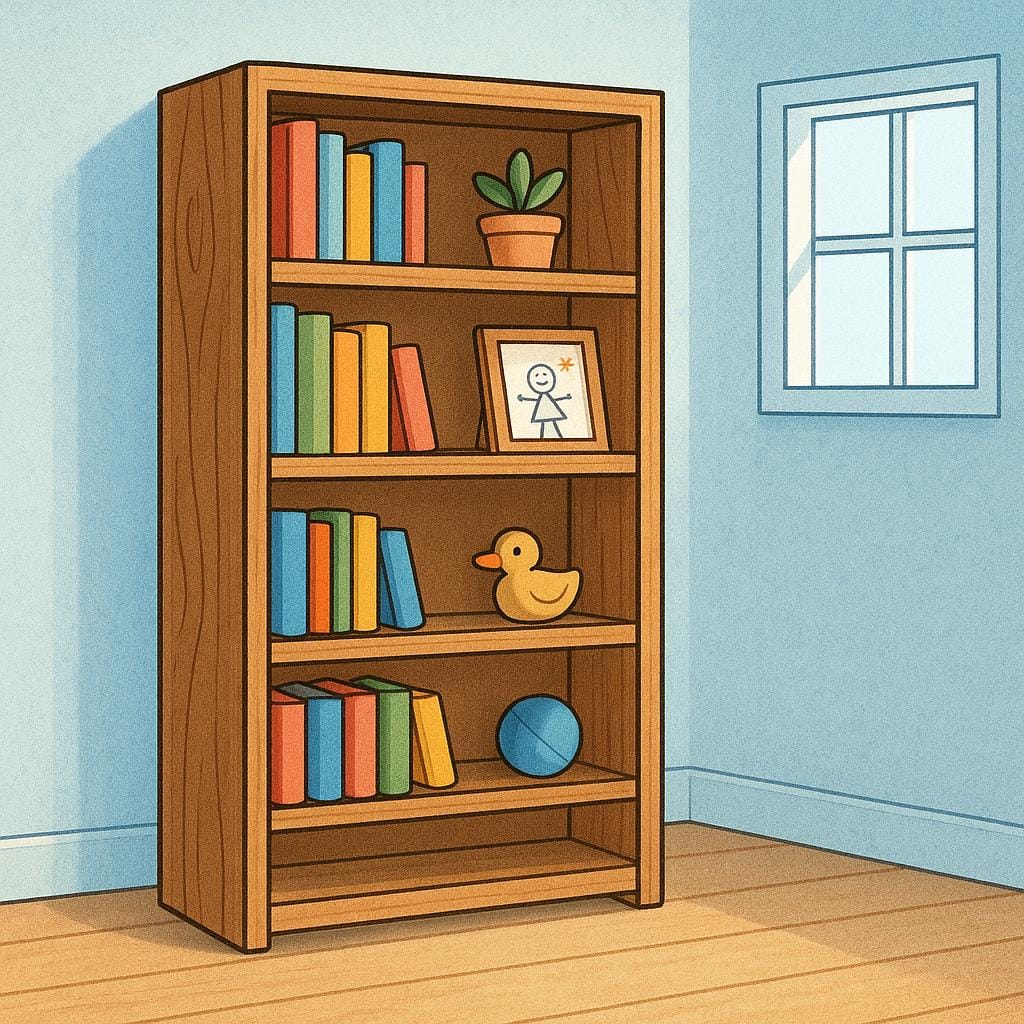 A storybook illustration showing a complete, assembled wooden bookshelf standing upright.