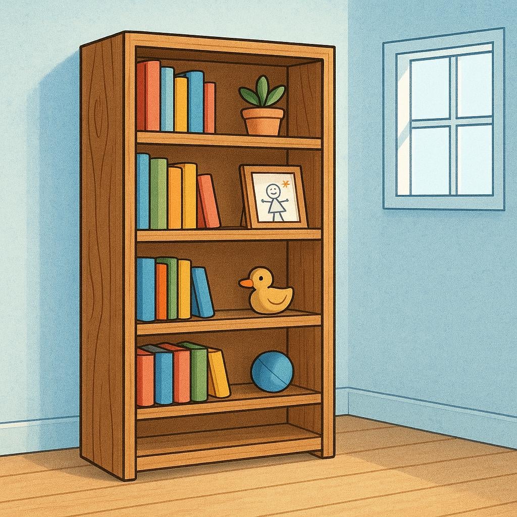 A storybook illustration showing a complete, assembled wooden bookshelf standing upright.