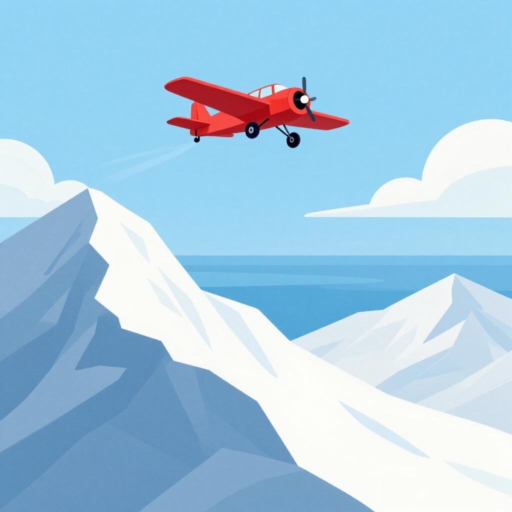 A small red airplane flying high above a range of snowy mountain peaks and a distant blue ocean.