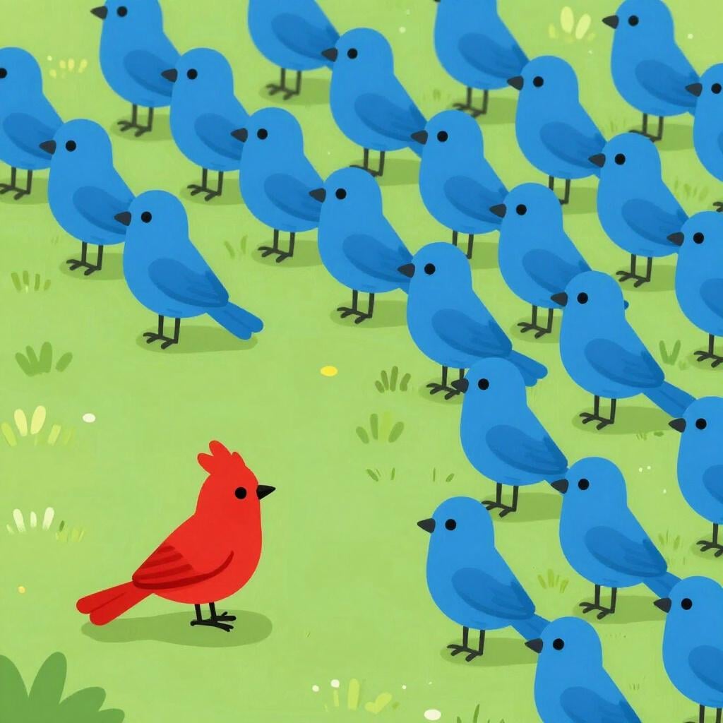 A single bright red bird standing apart from a flock of identical blue birds.