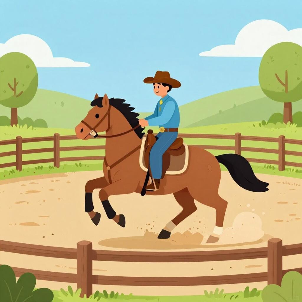 A cowboy riding a brown horse in a wooden fenced arena.