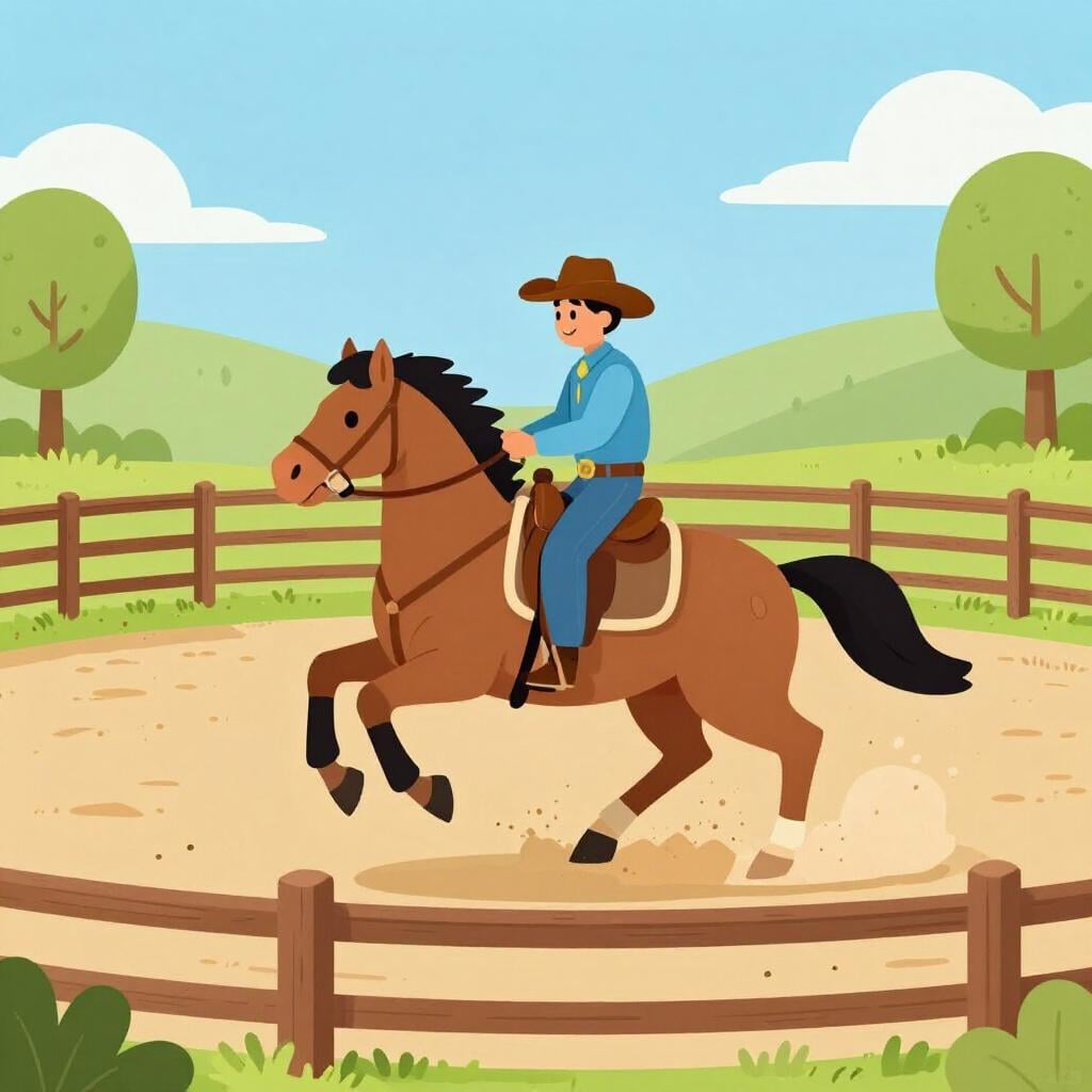 A cowboy riding a brown horse in a wooden fenced arena.