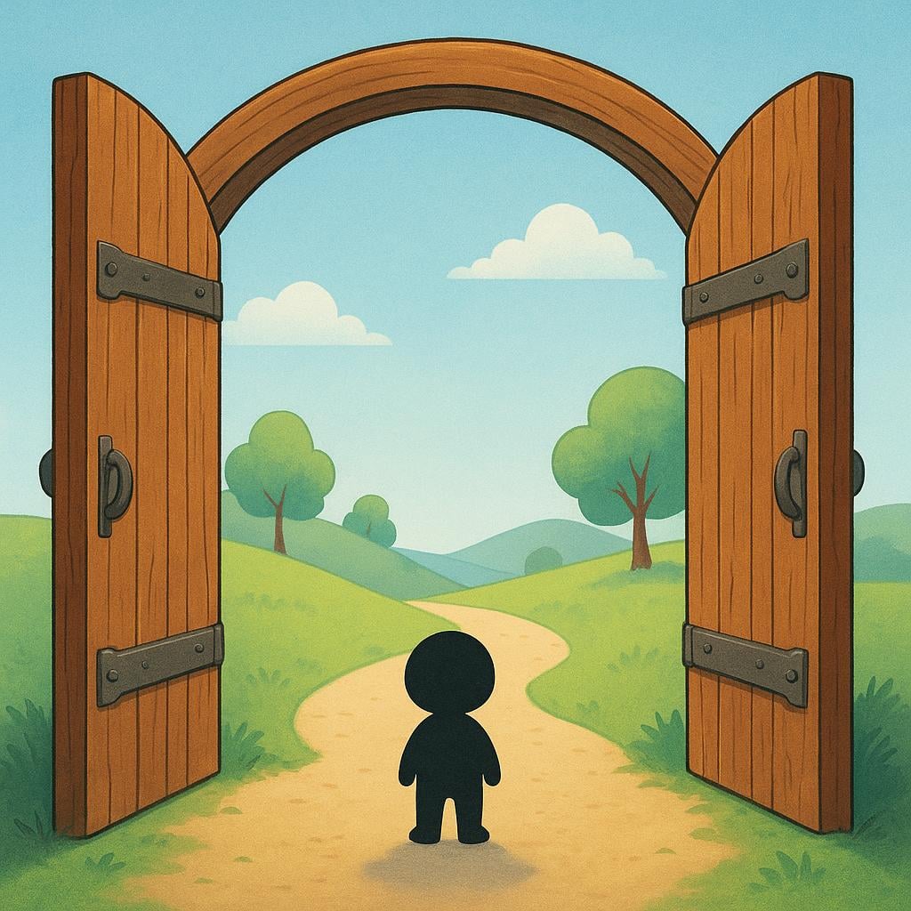 A small figure standing before a large, brightly lit open gate in a garden wall, symbolizing a favorable opportunity.