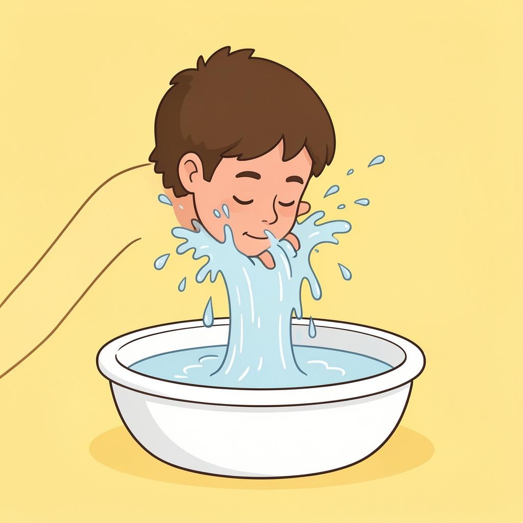 A person splashing cool, clean water onto their face from a basin.