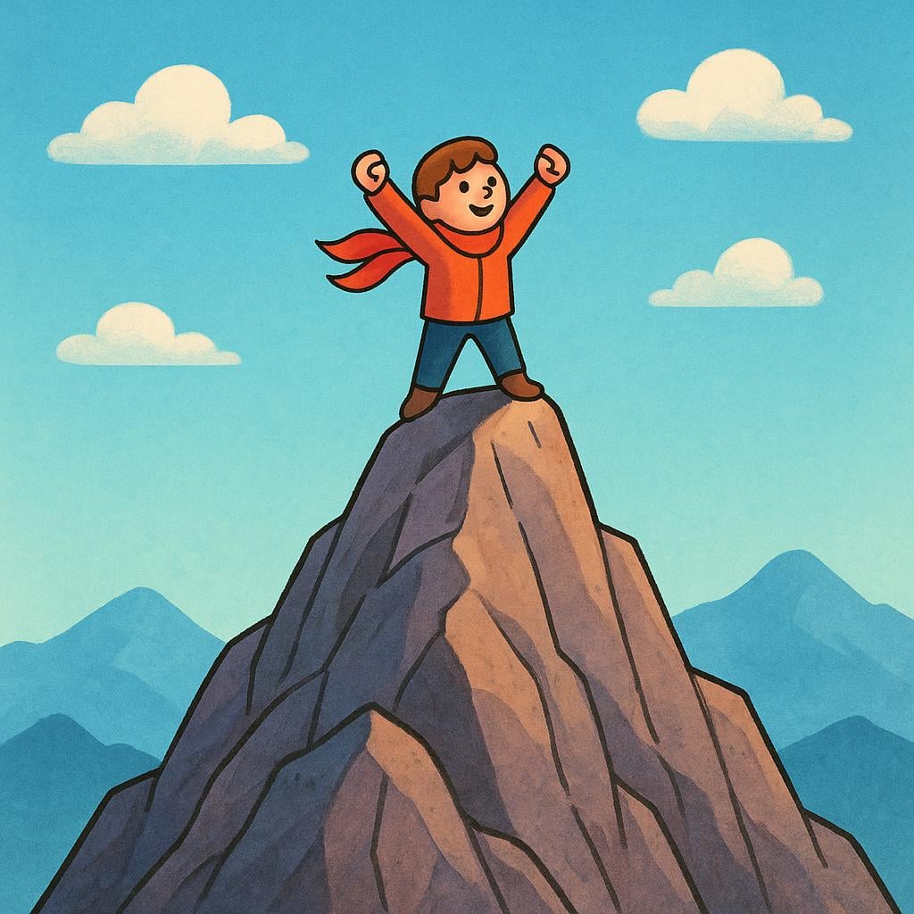 A small, adventurous figure standing confidently on the highest point of a steep, rocky mountain peak, arms raised in triumph, symbolizing a daring action.