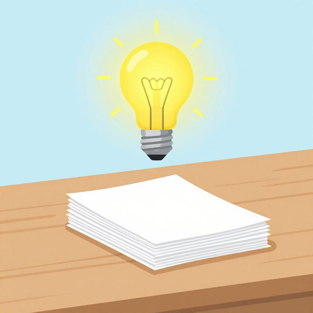 A single bright lightbulb glowing above a stack of blank papers on a wooden table.
