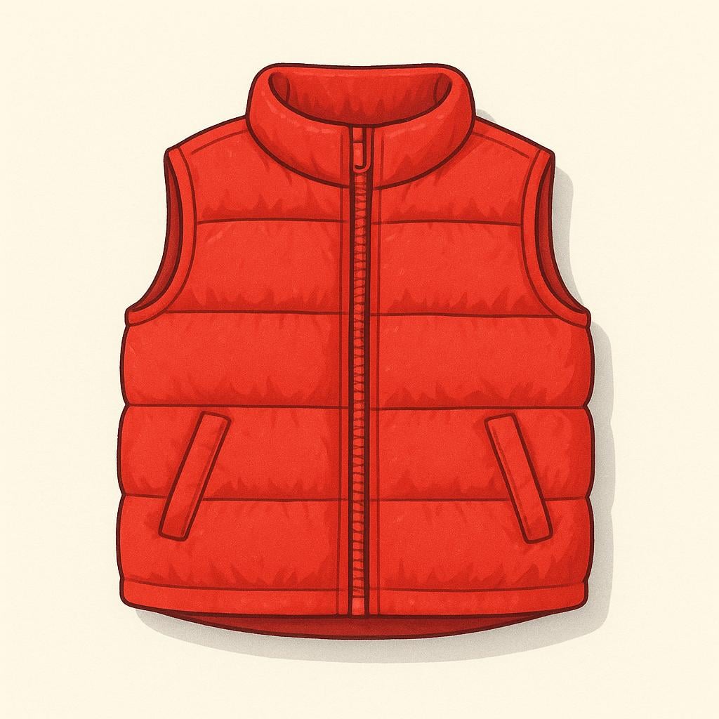 A bright red, puffy, sleeveless vest lying flat on a neutral background.