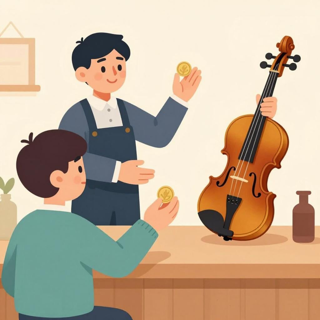 Een persoon die een gouden munt aan een winkelier geeft en daarvoor een viool terugkrijgt.