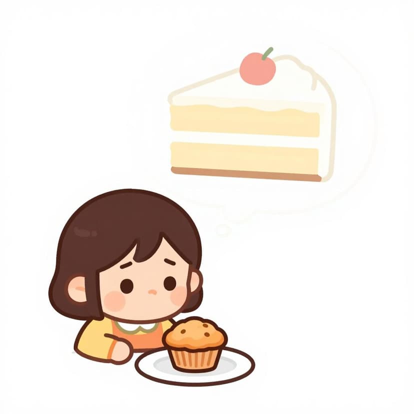 A sad child looking at a small, plain cupcake when they expected a large, decorated cake.