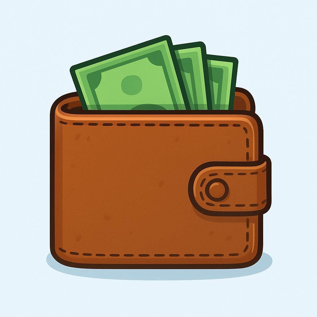 A brown leather wallet, folded shut, with the corners of several green bills visible sticking out of the top edge.