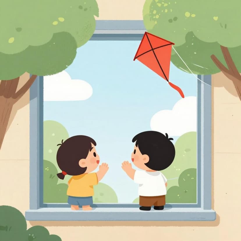 A child looking longingly through a window at a bright red kite stuck in a tree.