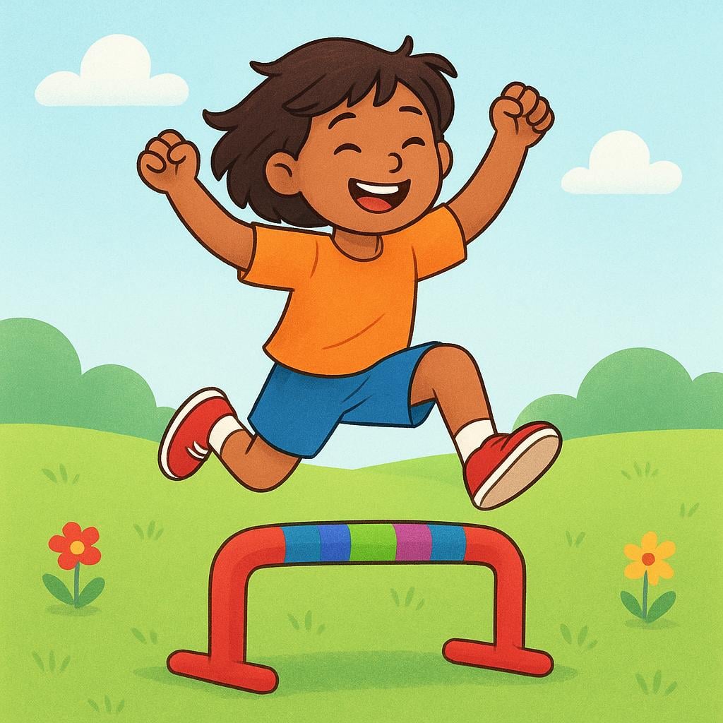 A cheerful student successfully jumping over a small, low hurdle on a sunny green field, symbolizing overcoming a challenge.