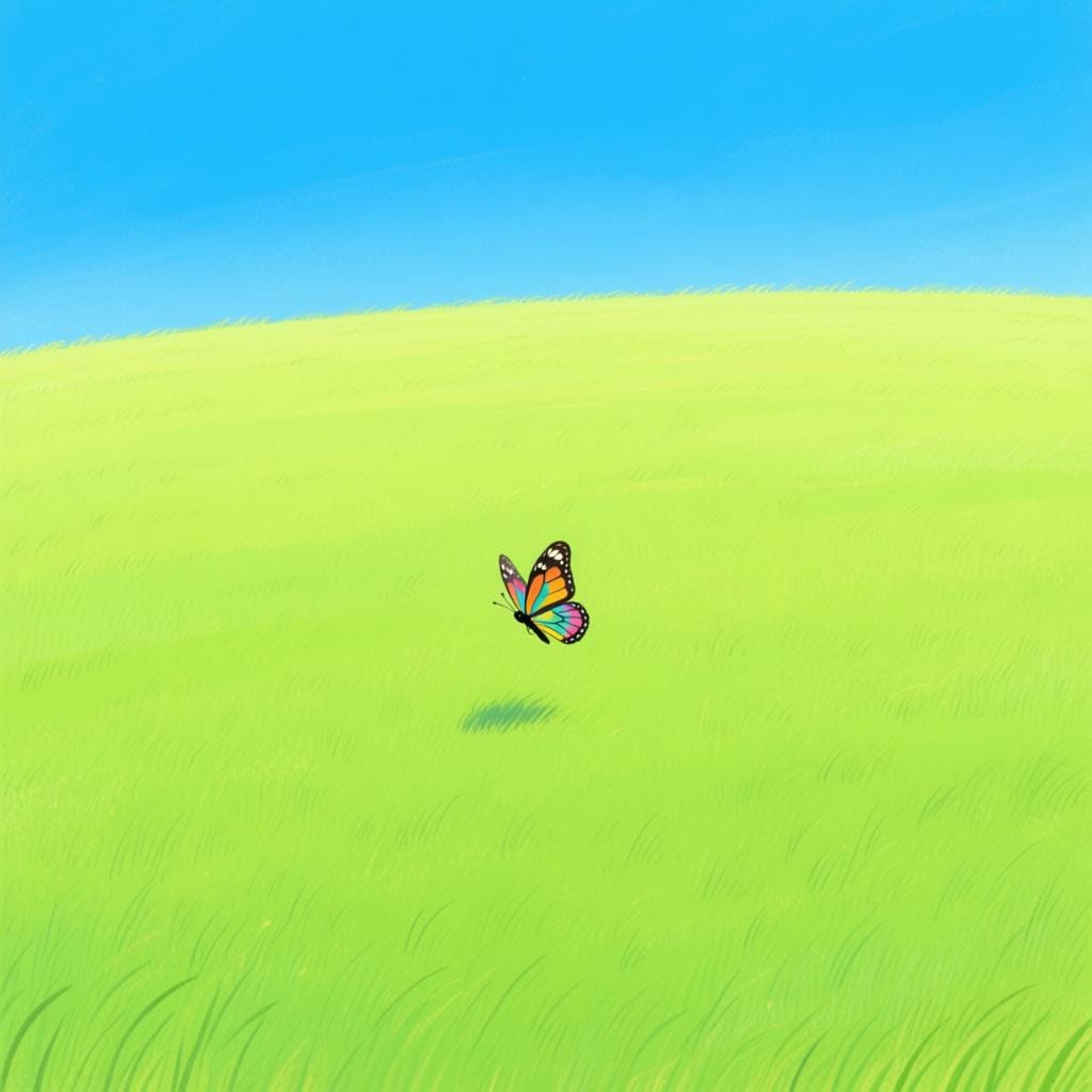 Uma borboleta única, de cor viva, voando sozinha em um vasto campo verde e vazio.