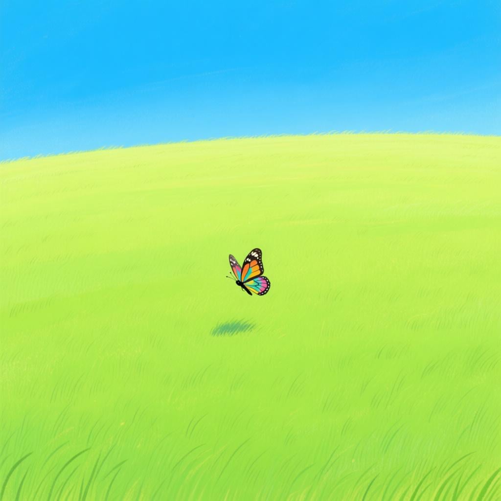 A single, brightly colored butterfly flying alone in a vast, empty green field.