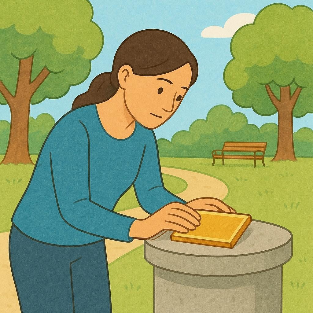 A woman carefully placing a small, decorative plaque onto a pedestal, symbolizing the act of dedicating something.