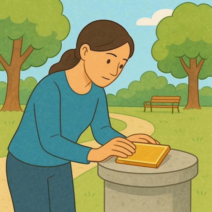 A woman carefully placing a small, decorative plaque onto a pedestal, symbolizing the act of dedicating something.