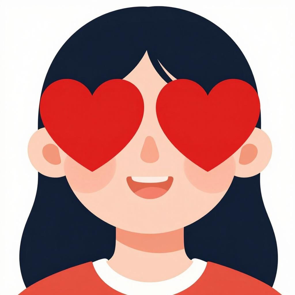 A person with bright red hearts covering their eyes, smiling happily.