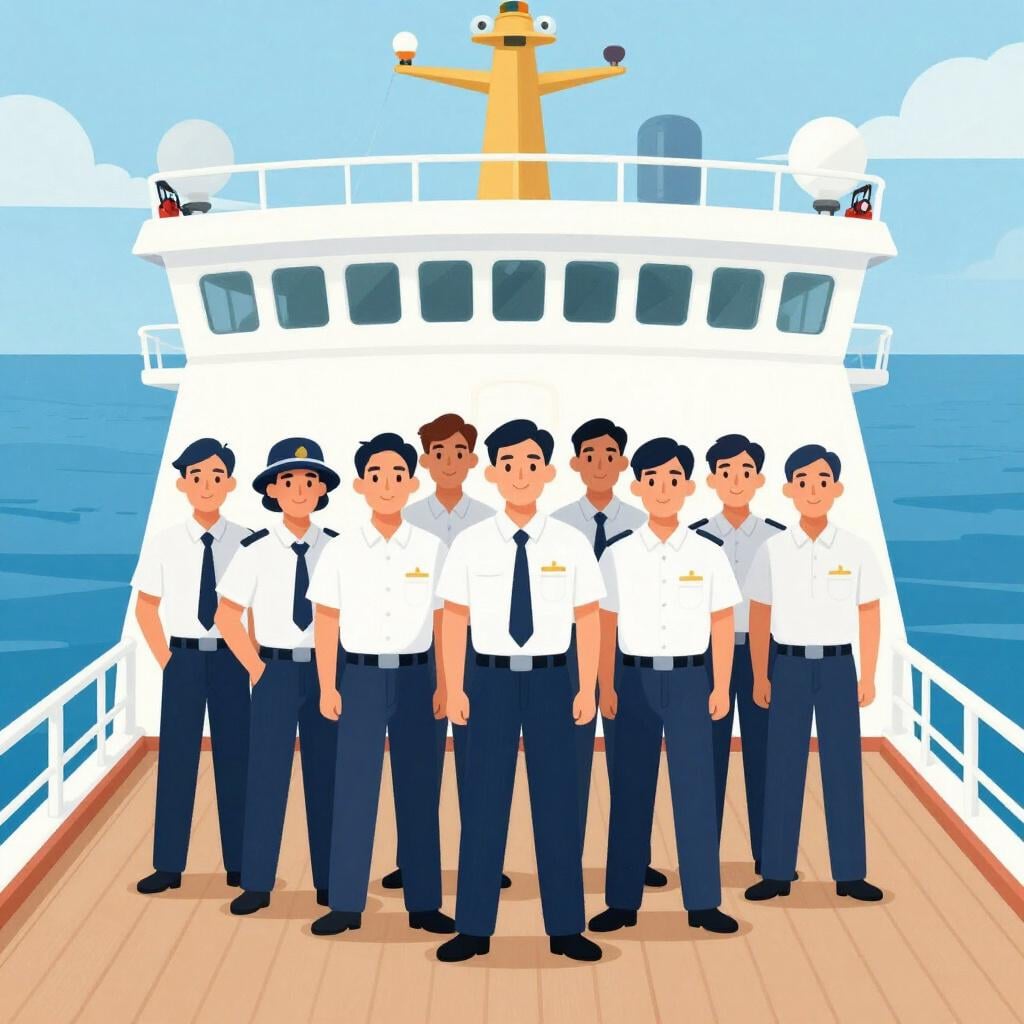A group of professional personnel in matching uniforms standing together on the deck of a ship.