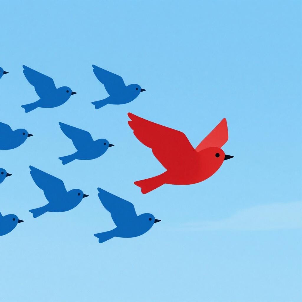 A bright red bird flying at the front of a flock of blue birds in a V-formation.